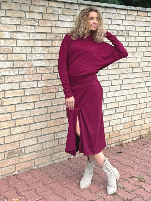 Překládaná midi sukně Burgundy