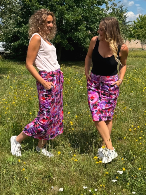 Sukně s kapsami dlouhá fialové květy