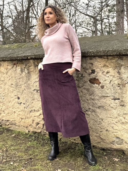 Manžestrová áčková sukně lilková