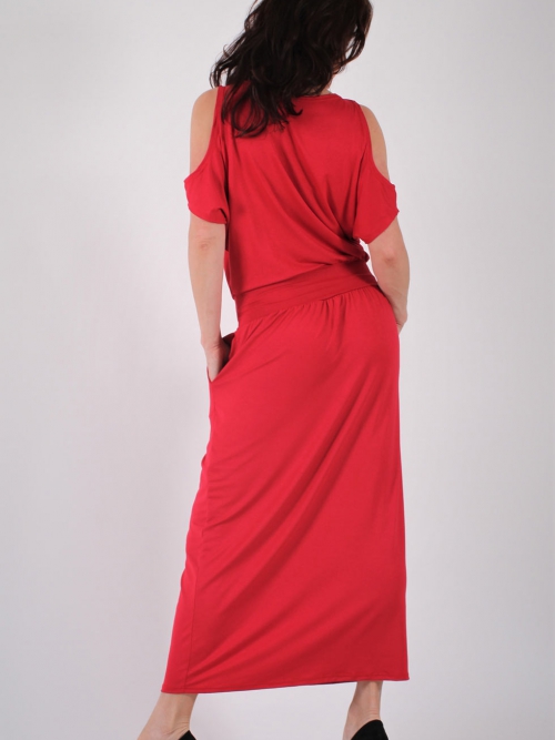 Šaty volná ramena dlouhé červené